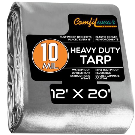 Comfitwear 10 MIL Heavy Duty Multi-Purpose Tarp Cover Rust Proof Waterproof Reinforced Edges Silver/Black STH-1220